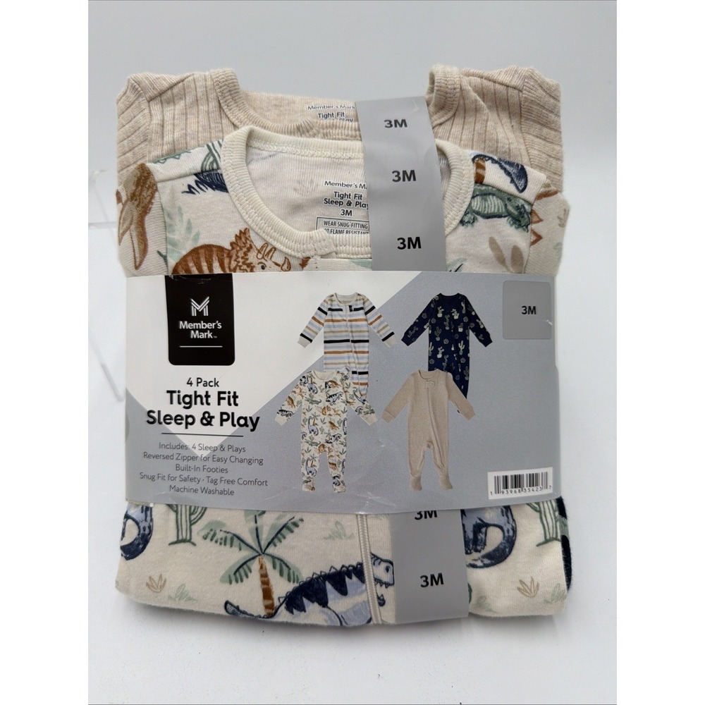 Members Mark Infant Size 3 Month 4-Pack Tight & Fit Sleep & Play Footie Sleepers